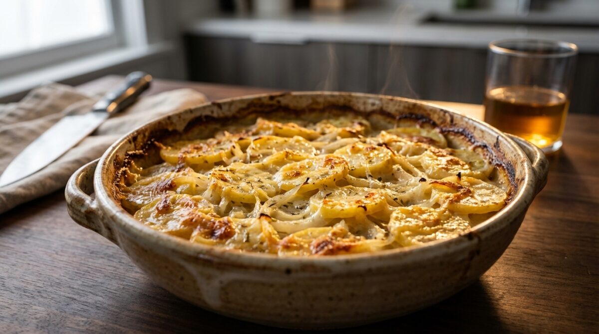 découvrez notre recette de gratin ultra simple aux pommes, oignons et bouillon, pour une texture fondante et savoureuse, encore meilleure qu'un dauphinois classique.