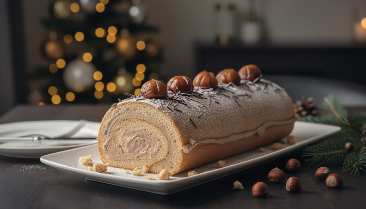 Offrez-vous un noël magique avec cette bûche aux marrons, subtilement parfumée et fondante, préparée la veille pour un goût parfait Bûche aux marrons